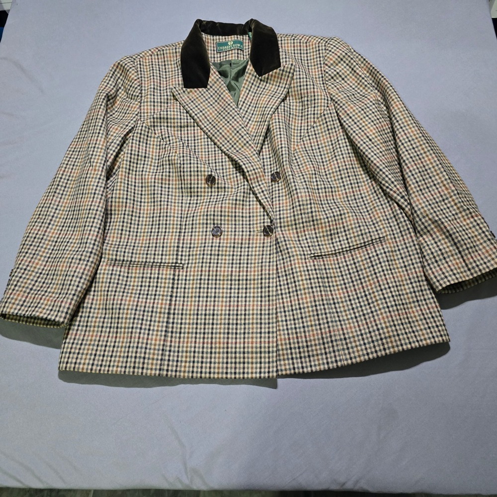 Embassy Row Blazer Women 22W Brown Plaid Pure Wool Velvet Collar Double Breasted